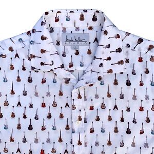 Nicole Miller Studio Guitar Print Button Front Short Sleeve Shirt ~ Men’s Large